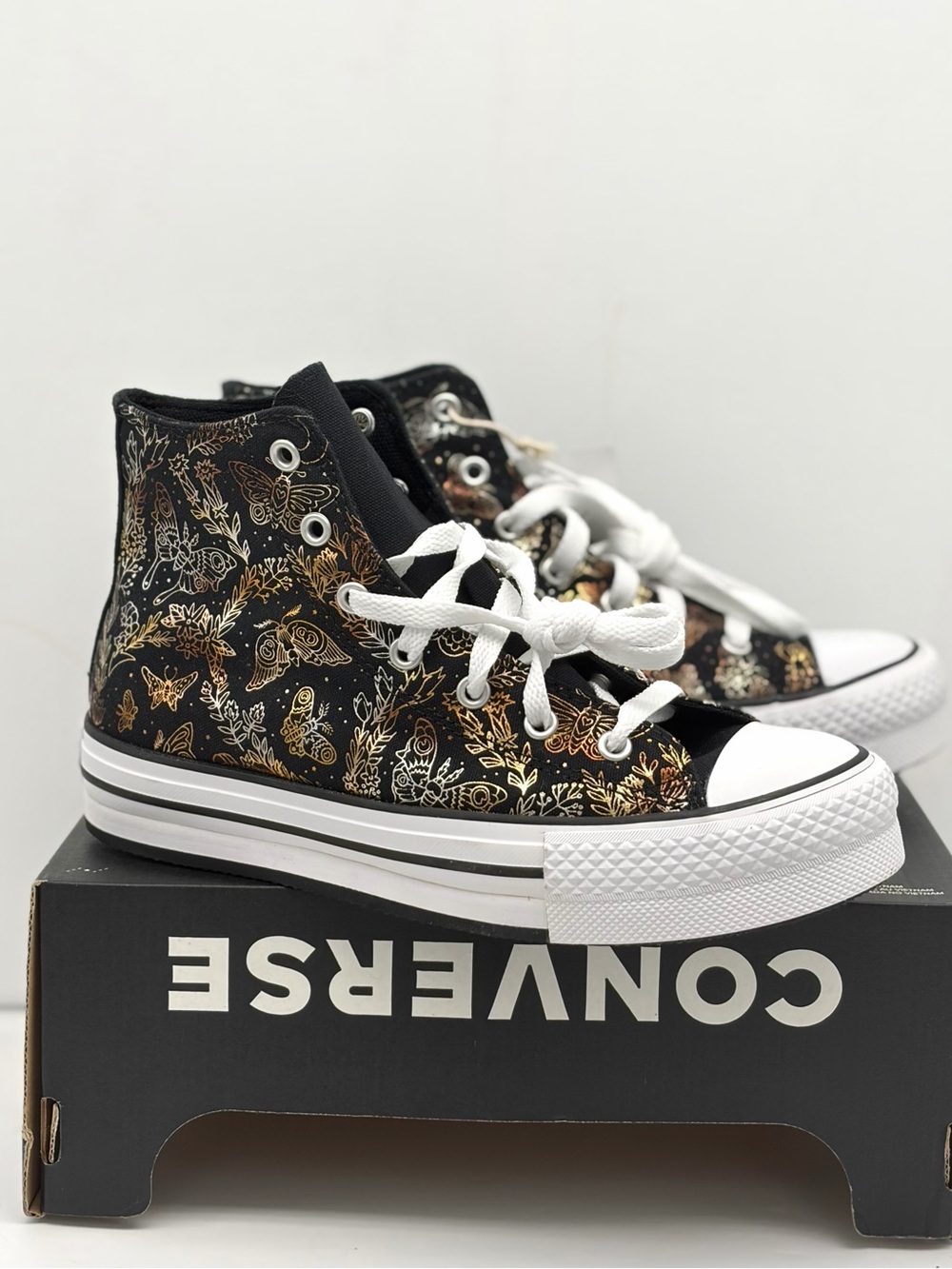Converse Black High-Top All Star Sneakers with Gold Butterfly Print - Picture 2 of 11